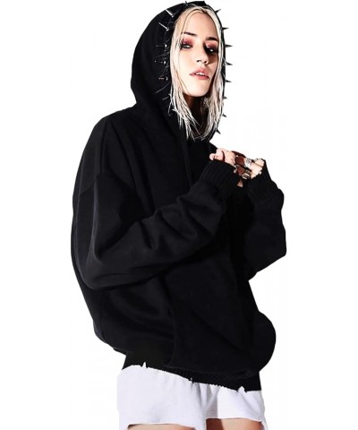 Womens Punk Gothic Hoodie with Rivet Drawstring Hoodie Ripped Hem Long Sleeve Pullover Sweatshirt Black $21.65 Hoodies & Swea...