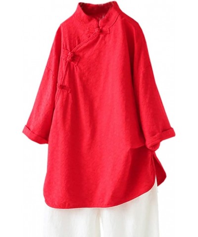 Women's Jacquard Linen Retro Chinese Frog Button Side Slit Top Tees Red $13.91 Blouses