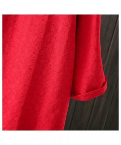 Women's Jacquard Linen Retro Chinese Frog Button Side Slit Top Tees Red $13.91 Blouses