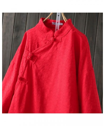 Women's Jacquard Linen Retro Chinese Frog Button Side Slit Top Tees Red $13.91 Blouses