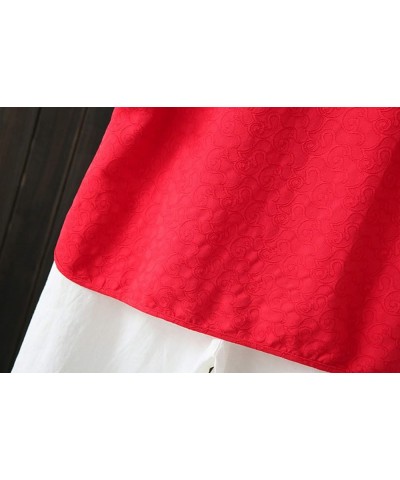 Women's Jacquard Linen Retro Chinese Frog Button Side Slit Top Tees Red $13.91 Blouses