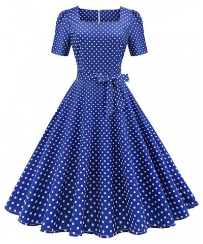 Women's Audrey Hepburn Style Dress Polka Dot Short Sleeve Cocktail Dress Vintage Elegant Dress with Belt Blue $12.25 Dresses