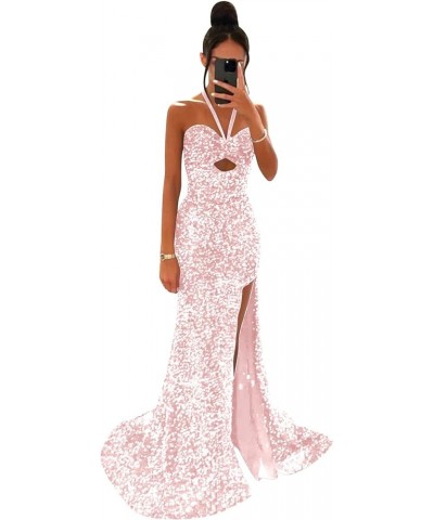 Halter Sparkly Sequin Prom Dresses Long 2024 with Slit Mermaid Ball Gown for Women Formal Evening Dress Blush Pink $26.65 Dre...