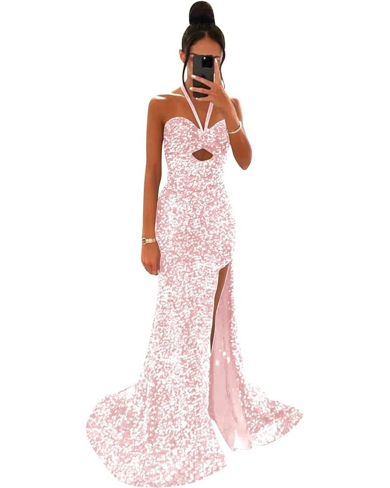 Halter Sparkly Sequin Prom Dresses Long 2024 with Slit Mermaid Ball Gown for Women Formal Evening Dress Blush Pink $26.65 Dre...