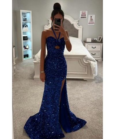 Halter Sparkly Sequin Prom Dresses Long 2024 with Slit Mermaid Ball Gown for Women Formal Evening Dress Blush Pink $26.65 Dre...