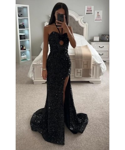 Halter Sparkly Sequin Prom Dresses Long 2024 with Slit Mermaid Ball Gown for Women Formal Evening Dress Blush Pink $26.65 Dre...