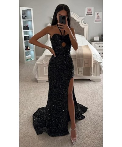 Halter Sparkly Sequin Prom Dresses Long 2024 with Slit Mermaid Ball Gown for Women Formal Evening Dress Blush Pink $26.65 Dre...