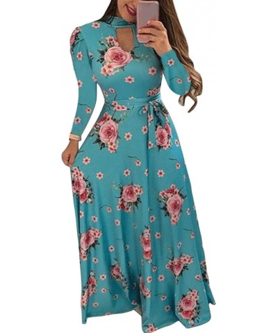 Womens Floral Print Maxi Dress Bohemian Casual Pleated Long Dresses with Belt Long Sleeves 13 $12.71 Dresses