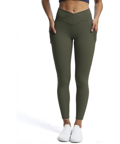 Trinity High Waisted Yoga Pants with Pockets for Women Tummy Control Cross-Waist Crossover Workout Leggings A Olive Green (V-...