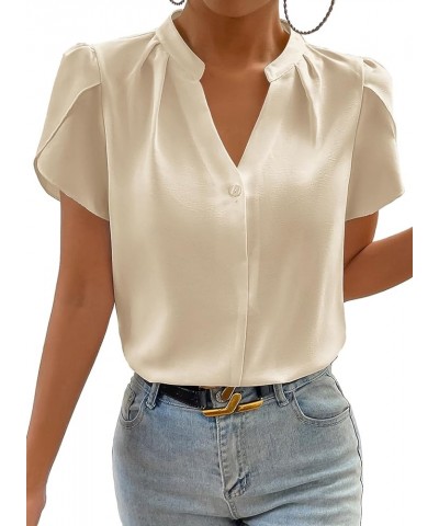 Women's Casual Notched V Neck Cap Sleeve Dressy Chiffon Blouse Tops Beige $10.75 Blouses