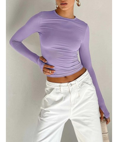 Long Sleeve Slim Fit Basic T-Shirts for Women Round Neck Shirt with Finger Hole Casual Autumn Tee Streetwear Purple $8.83 T-S...