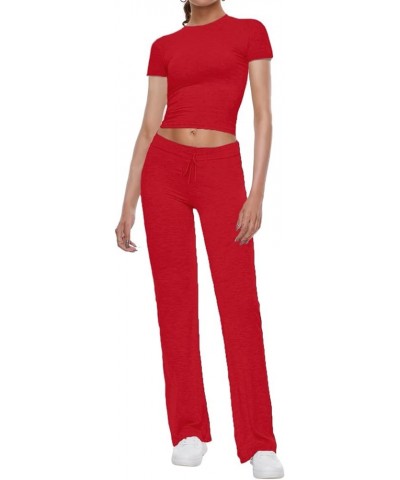 Women's 2 Piece Lounge Sets Straight Leg Pants Set Short Sleeve Crop T-shirt Casual Outfits Comfy Loungewear Red $24.74 Activ...