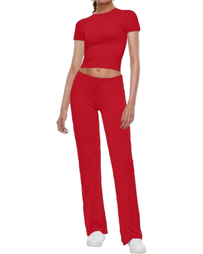 Women's 2 Piece Lounge Sets Straight Leg Pants Set Short Sleeve Crop T-shirt Casual Outfits Comfy Loungewear Red $24.74 Activ...