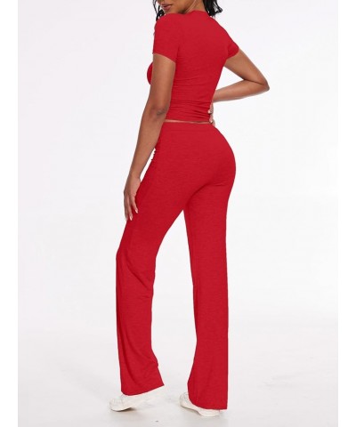 Women's 2 Piece Lounge Sets Straight Leg Pants Set Short Sleeve Crop T-shirt Casual Outfits Comfy Loungewear Red $24.74 Activ...