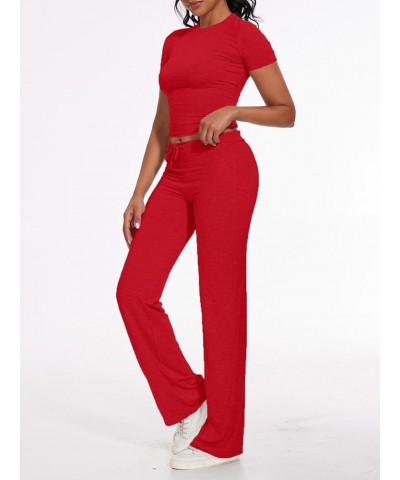 Women's 2 Piece Lounge Sets Straight Leg Pants Set Short Sleeve Crop T-shirt Casual Outfits Comfy Loungewear Red $24.74 Activ...