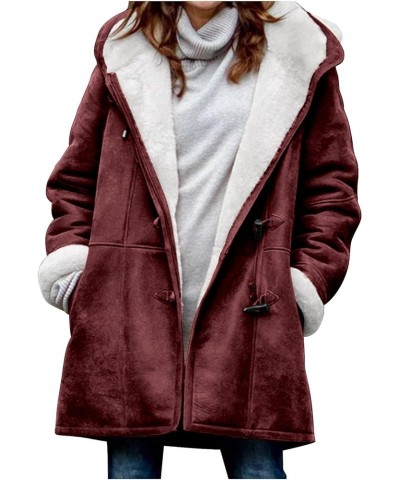 Women Winter Fleece Pea Coat Sherpa Lined Suede Warm Jackets Horn Buttons Long Coat Trendy Outfits Clothes Wine-01 $16.34 Coats