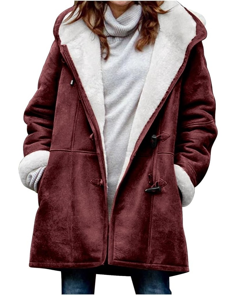 Women Winter Fleece Pea Coat Sherpa Lined Suede Warm Jackets Horn Buttons Long Coat Trendy Outfits Clothes Wine-01 $16.34 Coats