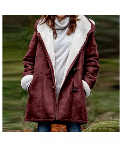 Women Winter Fleece Pea Coat Sherpa Lined Suede Warm Jackets Horn Buttons Long Coat Trendy Outfits Clothes Wine-01 $16.34 Coats