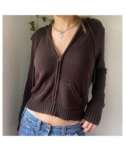 Women Zip Up Knit Hoodies Long Sleeve Drawstring Cardigans Sweaters Basic Autumn Winter Hooded Sweatshirts Outwear A-brown $1...