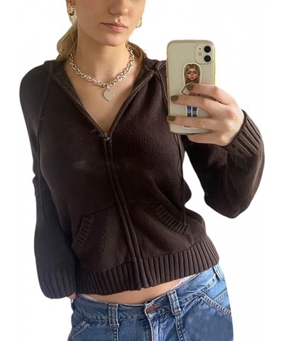 Women Zip Up Knit Hoodies Long Sleeve Drawstring Cardigans Sweaters Basic Autumn Winter Hooded Sweatshirts Outwear A-brown $1...