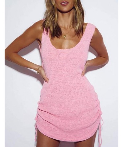 Women Crochet Cover Ups Short Knitted Tank Dress Sexy Backless Beach Cover Up B-pink $14.00 Swimsuits