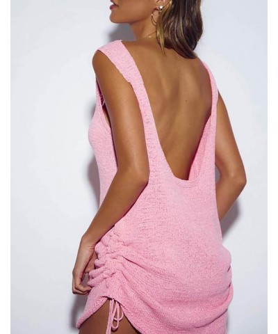 Women Crochet Cover Ups Short Knitted Tank Dress Sexy Backless Beach Cover Up B-pink $14.00 Swimsuits