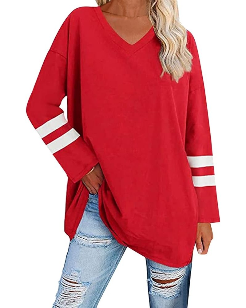 Womens Long Sleeve Tops, Oversized Striped Print Solid T-Shirts V Neck Workout Fashion Drop Shoulder Causal Loose Fit Blouse ...