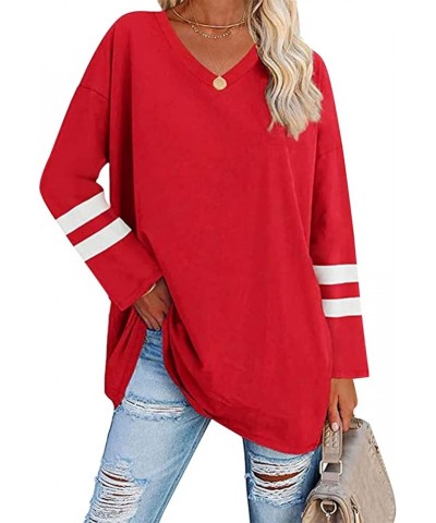 Womens Long Sleeve Tops, Oversized Striped Print Solid T-Shirts V Neck Workout Fashion Drop Shoulder Causal Loose Fit Blouse ...