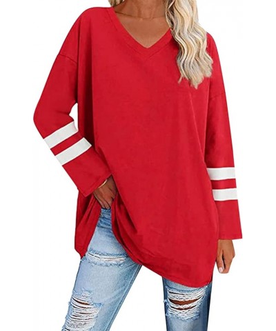 Womens Long Sleeve Tops, Oversized Striped Print Solid T-Shirts V Neck Workout Fashion Drop Shoulder Causal Loose Fit Blouse ...