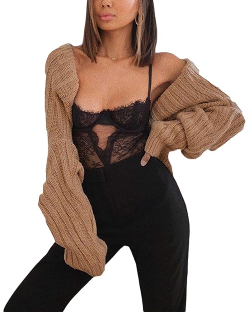 Women Rib Knit Shrug Y2k Long Sleeve Sweater Crop Top Crochet Bolero Cardigan Arm Warmers Streetwear 01-rib Knit Brown $13.99...