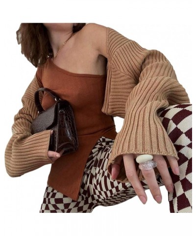 Women Rib Knit Shrug Y2k Long Sleeve Sweater Crop Top Crochet Bolero Cardigan Arm Warmers Streetwear 01-rib Knit Brown $13.99...