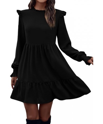 Women's Casual Long Sleeve Ruffle Hem Dress Round Neck High Waist A Line Mini Dresses Black $19.80 Dresses