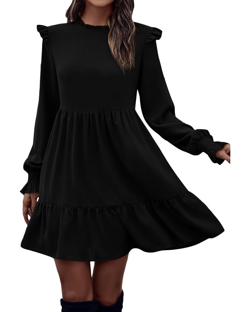 Women's Casual Long Sleeve Ruffle Hem Dress Round Neck High Waist A Line Mini Dresses Black $19.80 Dresses