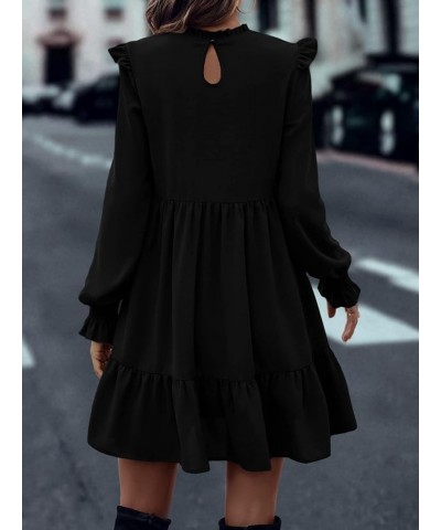 Women's Casual Long Sleeve Ruffle Hem Dress Round Neck High Waist A Line Mini Dresses Black $19.80 Dresses