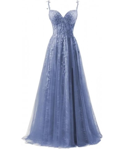 Lace Appliques Prom Dresses for Women Tulle Wedding Dress Long Ball Gown Homecoming Dresses with Split Slate Blue $28.59 Dresses