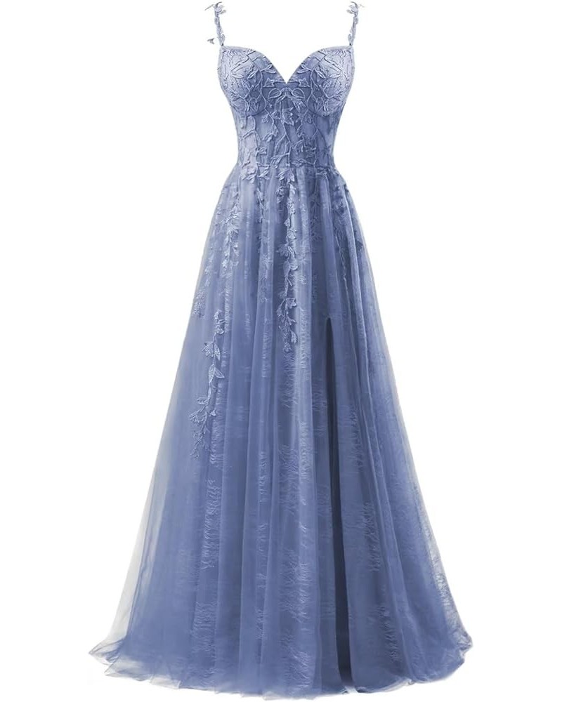 Lace Appliques Prom Dresses for Women Tulle Wedding Dress Long Ball Gown Homecoming Dresses with Split Slate Blue $28.59 Dresses