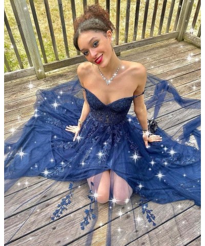 Lace Appliques Prom Dresses for Women Tulle Wedding Dress Long Ball Gown Homecoming Dresses with Split Slate Blue $28.59 Dresses