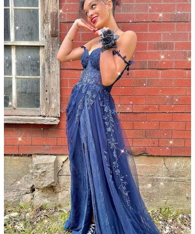 Lace Appliques Prom Dresses for Women Tulle Wedding Dress Long Ball Gown Homecoming Dresses with Split Slate Blue $28.59 Dresses