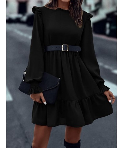 Women's Casual Long Sleeve Ruffle Hem Dress Round Neck High Waist A Line Mini Dresses Black $19.80 Dresses