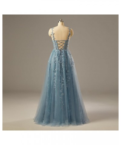 Lace Appliques Prom Dresses for Women Tulle Wedding Dress Long Ball Gown Homecoming Dresses with Split Slate Blue $28.59 Dresses