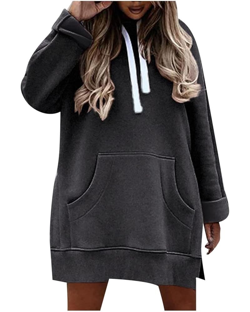 Women Oversized Long Sleeve Hoodies Tops High Split Hem Drawstring Hoodie Ouffits Slit Side Fall Sweatshirts Ladies Dark Gray...