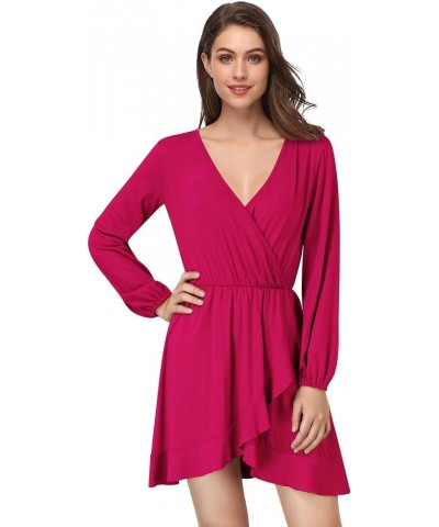 Women's V-Neck A-line Casual Party Mini Dress Ruffle Hot Pink $8.69 Dresses