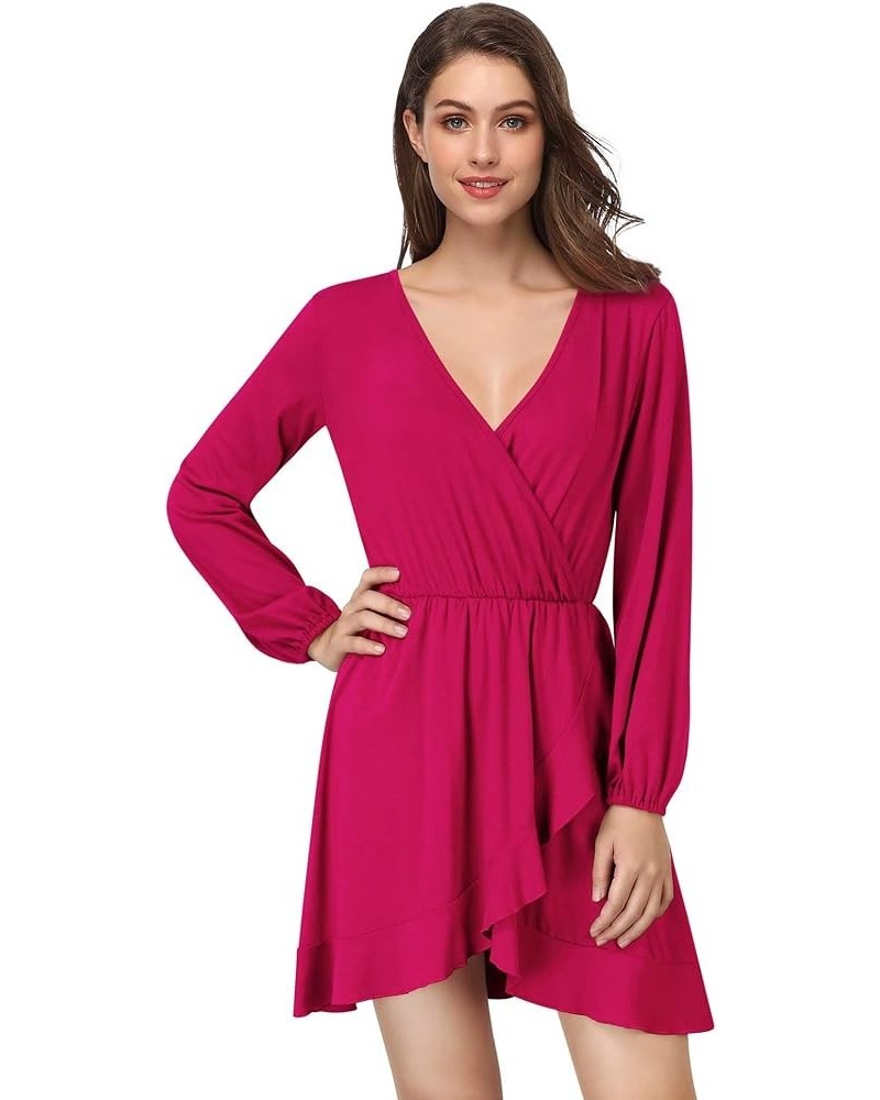 Women's V-Neck A-line Casual Party Mini Dress Ruffle Hot Pink $8.69 Dresses