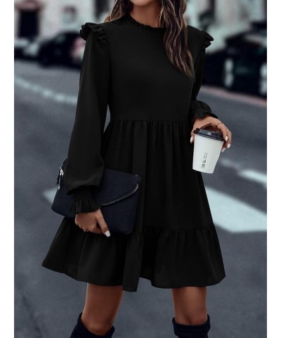 Women's Casual Long Sleeve Ruffle Hem Dress Round Neck High Waist A Line Mini Dresses Black $19.80 Dresses