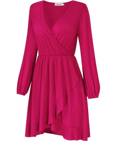 Women's V-Neck A-line Casual Party Mini Dress Ruffle Hot Pink $8.69 Dresses