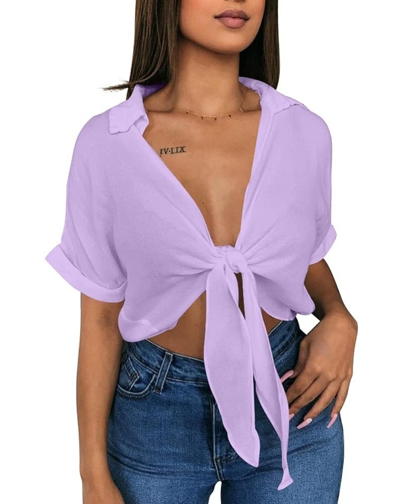 Womens Summer Short Sleeve Shirts V Neck Tie Knot Batwing Blouses Tops Lavender $10.25 Blouses