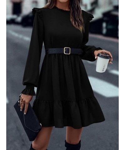 Women's Casual Long Sleeve Ruffle Hem Dress Round Neck High Waist A Line Mini Dresses Black $19.80 Dresses