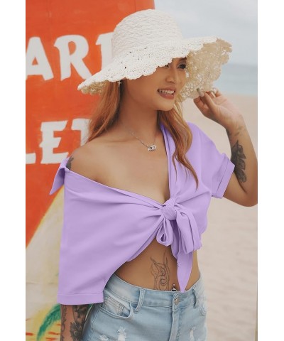 Womens Summer Short Sleeve Shirts V Neck Tie Knot Batwing Blouses Tops Lavender $10.25 Blouses