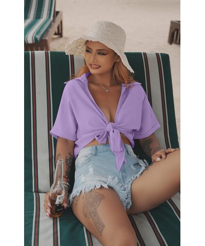 Womens Summer Short Sleeve Shirts V Neck Tie Knot Batwing Blouses Tops Lavender $10.25 Blouses