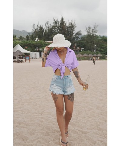 Womens Summer Short Sleeve Shirts V Neck Tie Knot Batwing Blouses Tops Lavender $10.25 Blouses